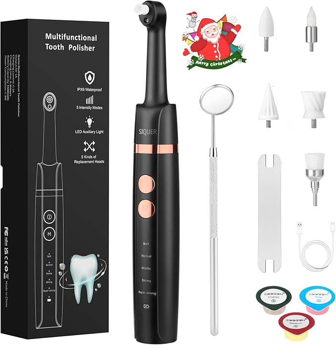 Tooth Polisher - SIQUER Plaque Remover for Teeth Whitening Dental Tools Electric Tartar Polishing Teeth Cleaning Kit with LED Light 5 Speed Modes with 5 Replacement Brush Heads (Black)