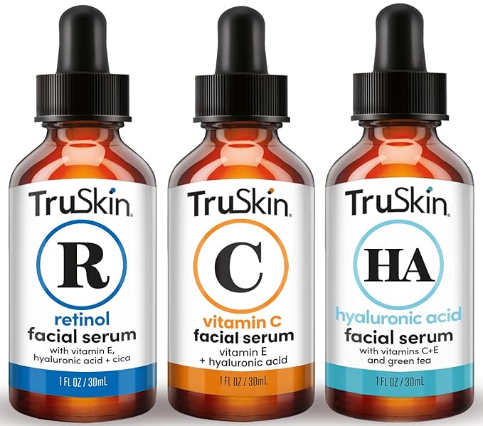 TruSkin Face Serum Trio ? Hyaluronic Acid Vitamin C &amp Retinol Serum for Face ? Anti Aging Skin Care Set for Women ? Skincare for Bright Smooth Hydrated &amp Firmer-Looking Skin 1 fl oz 3 Bot