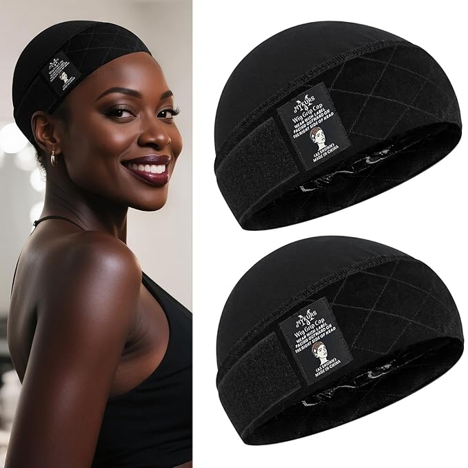 Wig Caps with Grip Band to Hold Wig in Place Soft Wig Caps for Women Non Slip Black 2 PCS