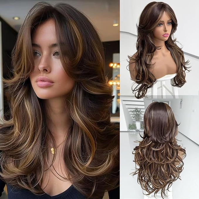 Highlight Dark Brown Mix Honey Blonde Long Layered Wavy Wigs with Bangs for Black White Women Synthetic Highlight Brown Layered with Curtain Bangs Wig Body Wave Shaggy Hair for Daily Use 24Inch