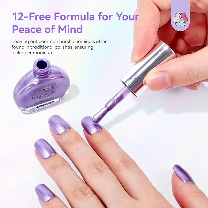 SAVILAND Quick Dry Nail Polish Set: 12 PCS Fingernail Polish 12-Free Metallic Nail Polish Colors Long Wear Nail Lacquer DIY Nail Art for Students Ladies Office Home Gift Christmas 8 ml