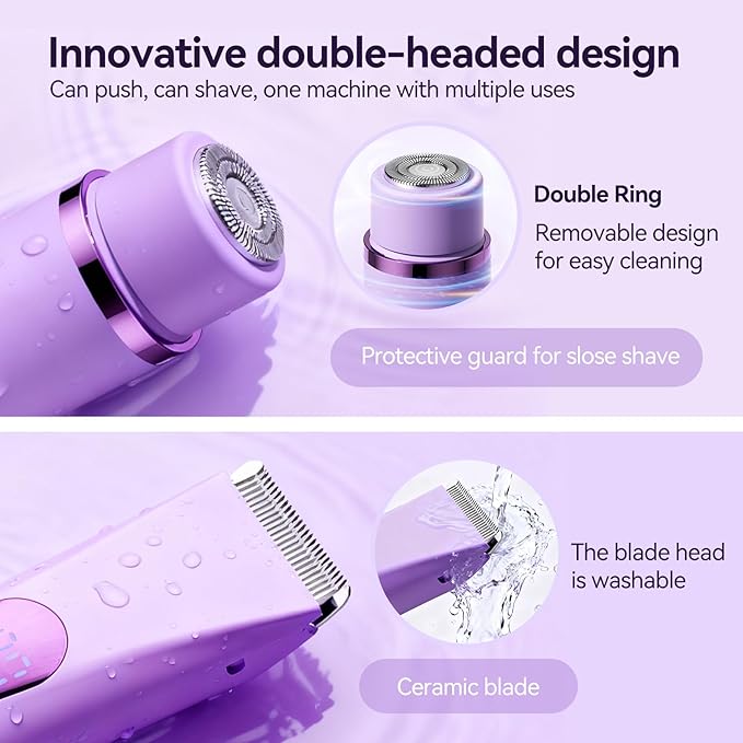 Bikini Trimmer for Women Electric?Double Head Dual Purpose Ceramic BladeIPX7 WaterproofLCD Power DisplayUSB RechargeableWet/Dry Painless Hair Removal for Face &amp Body (Violet)
