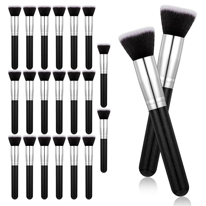20PCS Makeup Brushes Bulk Flat Top Foundation Brushes Bulk Liquid/Cream/Powder Eye Shadow Blending Contour Blush for Wedding Artist Blending Buffing Stippling Face Makeup Tools(Black)