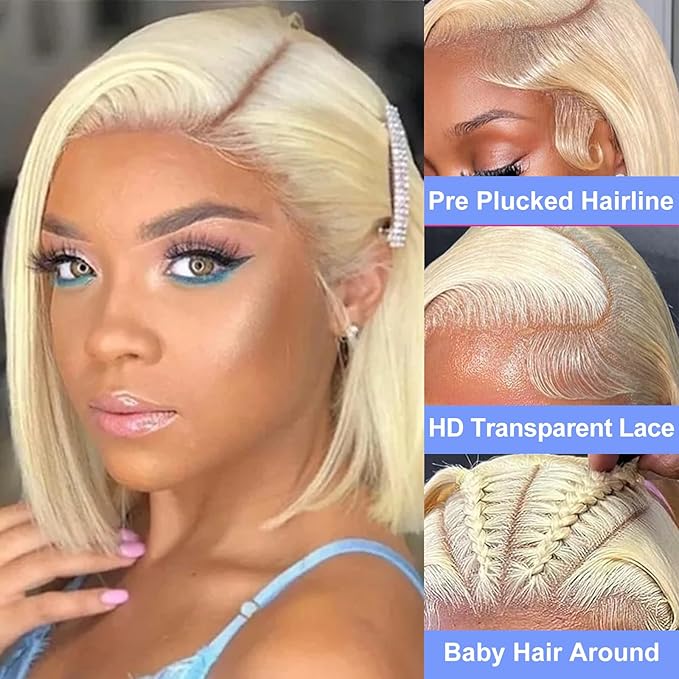 613 Blonde 13x4 Bob Wig Human Hair 180% Density HD Transparent Lace Front Wigs Human Hair Short Bob Pre Plucked Straight Wigs Human Hair for Women 8 Inch