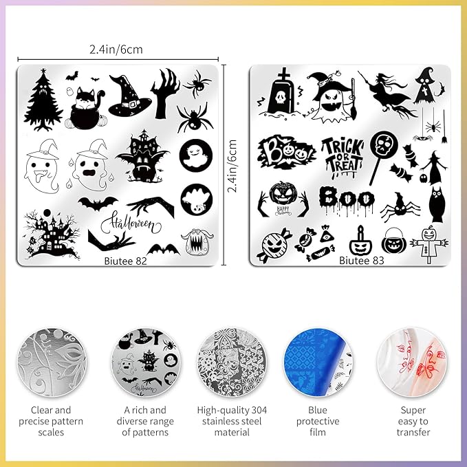 Biutee Nail Art Stamping Plate Set 15PCS Nail Stamp Plates 8PCS Nail Stamping Gel Polish Nail Stamper and Scraper Halloween Christmas Butterfly Letters Bow Design Nail Stamping Kit with Storage Bag