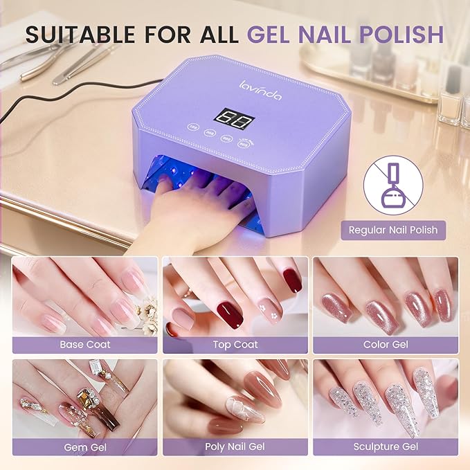Lavinda 54W UV LED Nail Lamp ? Plug-in Gel Nail Light with LCD Display 4 Timers Auto Sensor Dual Wavelength Nail Dryer for Home &amp Salon Purple