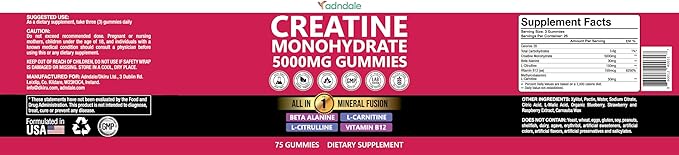Adndale Creatine Gummies for Women &amp Men 5000mg per Serving Creatine Monohydrate Supplement with Beta-Alanine L-Citrulline &amp B12-75 Vegan Gummies. Sugar-Free