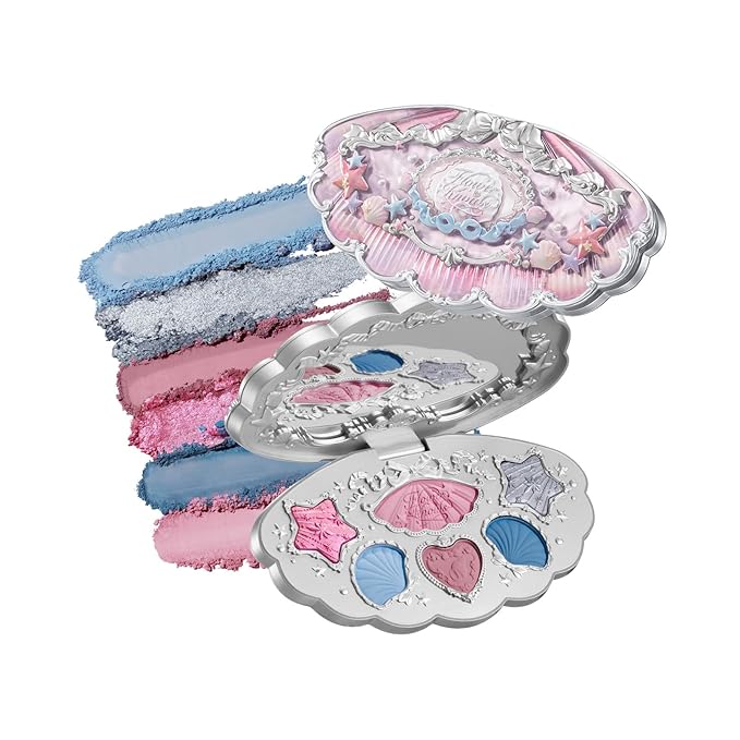 Flower Knows Shell's Jewel 6-Color Makeup PalettePink Blue Eyeshadow with 4 Matte + 2 Shimmer ShadesBlendable Smooth Cute Eye Makeup0.23 Oz(02 Mermaid's Tears)
