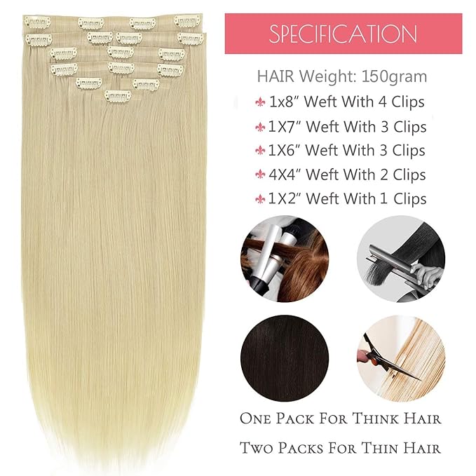 Loxxy Seamless Hair Extensions Clip in Human Hair Long Silky Straight 22inch Remy Human Hair Clip in Extensions Blonde Platinum #60A 150gram 8 Pcs