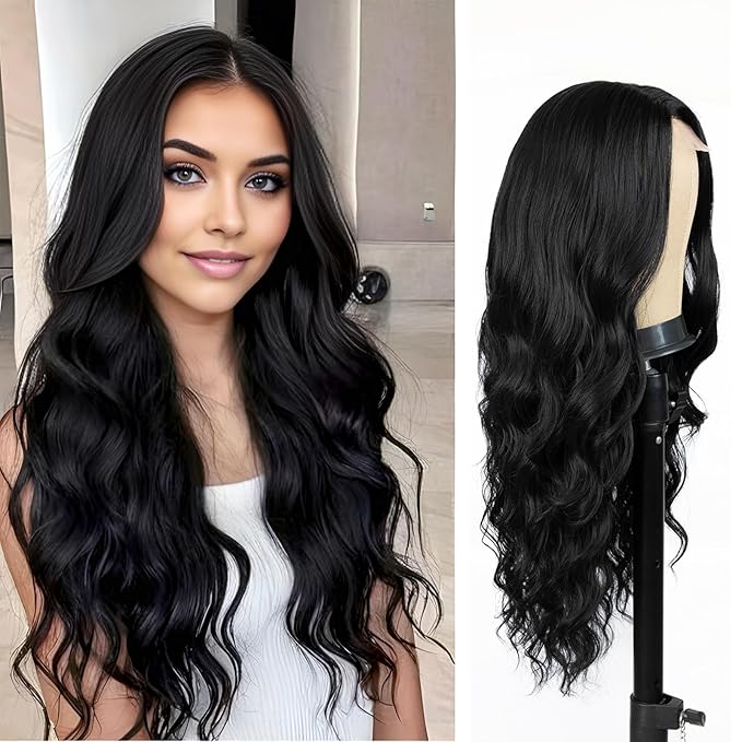 26 inch Lace Hairline Long Black Wigs for Women Middle Part Long Curly Wig Heat Resistant Synthetic Hair Looking Natural Fiber Wig for Daily Party Use
