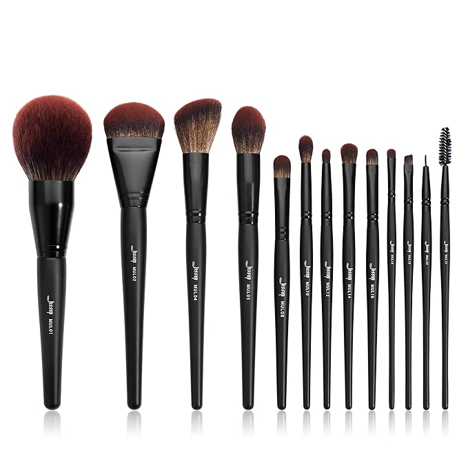 Jessup Full Makeup Brushes Set 13pcs Professional Vegan Foundation Powder Contour Blush Highlight Eyeshadow Blending Concealer Spoolie EyeLiner Brush Phantom Black T300