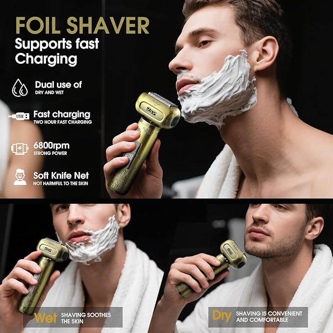 DSP Electric Shavers for Men IPX6 Waterproof Type-C Rechargeable Shaver 4-Blade Cutting System Electric Foil Shaver Travel Lock (Bronze)