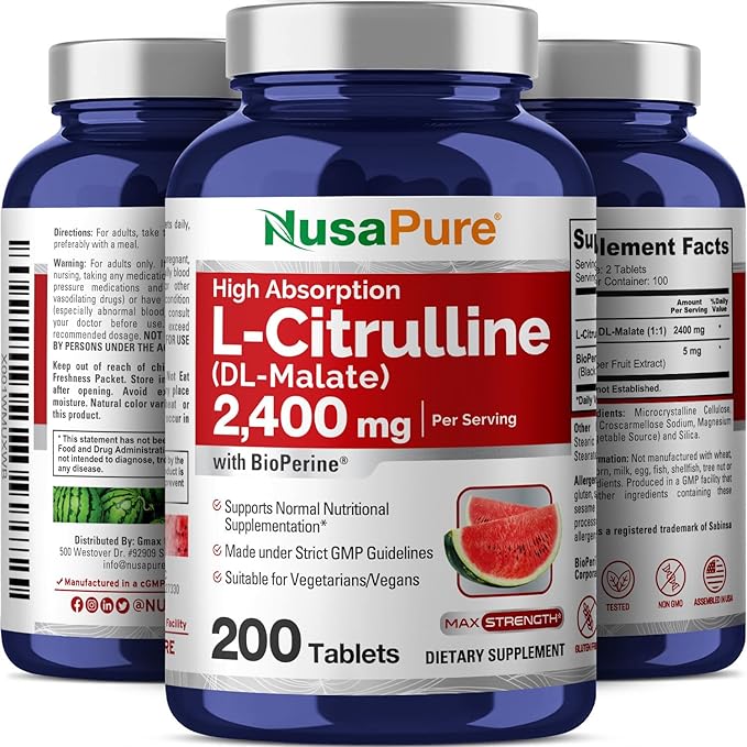 NusaPure L-Citrulline 2400mg 200 Vegetarian Tablets (Non-GMO Gluten Free 100-Day Supply Bioperine)