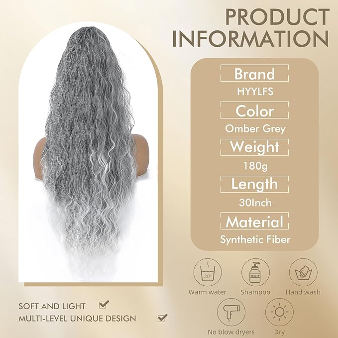 Claw Clip in Ponytail Extension 30 Inch Long Wave Curly Pony Tail Hair Extensions for Women fluffy Natural Looking Synthetic Hairpiece for Daily Use(Omber Grey 30Inch)