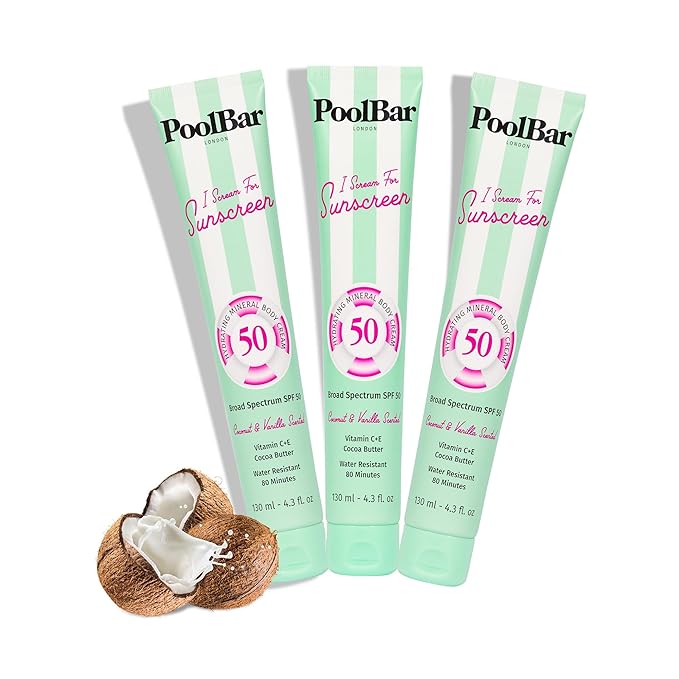 PoolBar SPF 50 Hydrating Mineral Body Sunscreen Cream for Women and Men Skin Care - Coconut Vanilla Scent Sun Care Vegan and Water Resistant Broad Spectrum Sunscreen 130 ml (4.3 Fl. Oz) (Pack of 3)