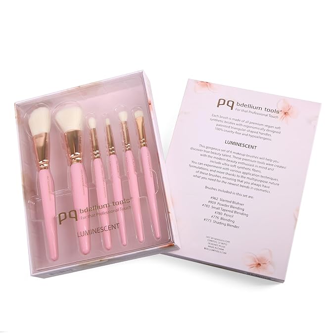 Bdellium Tools Pink Golden Triangle Luminescent Makeup Brush Set - Premium Tool with Soft Synthetic Bristles and Rose Gold Brass Ferrule for Multipurpose (Pink 6 pcs)
