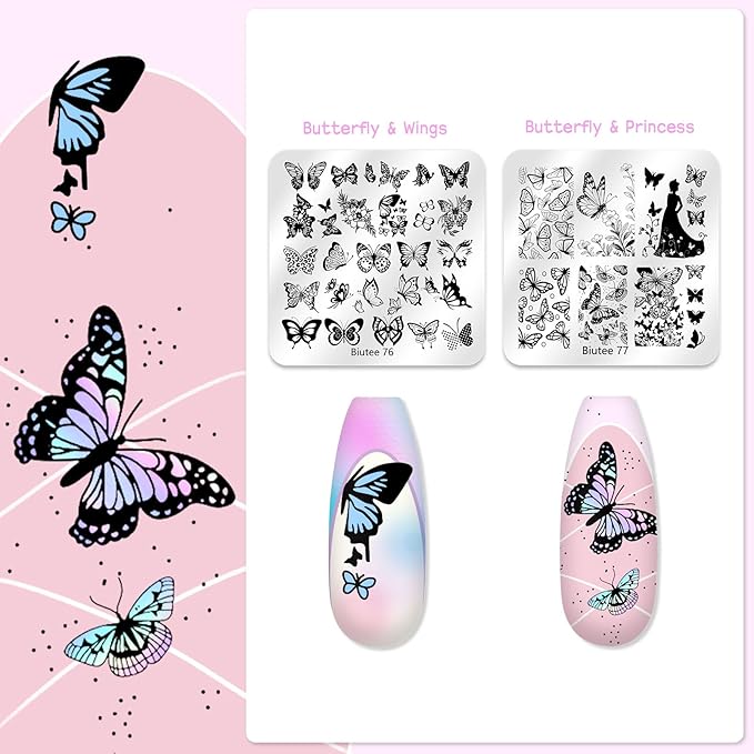 Biutee Nail Stamper Kit 16Pcs Nail Art Stamping Plate 8 Colors Stamp Polish Gel Silicone Stamper Scraper with Storage Bag Nail Stamp Plates Love Flower Butterfly Leaf Template Christmas Design Gift