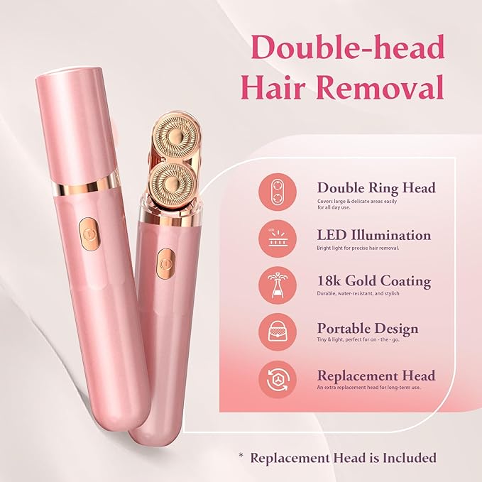 Facial Hair Remover for Women | Dual-Head Face Shaver Electric Hair Removal Device for FaceLip Chin | 2 Replacement Heads Pink-1