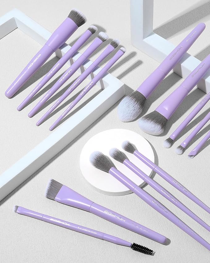EIGSHOW Makeup Brushes Set 15Pcs Professional Make Up Brush with Silver Ion Bristles for Foundation Powder Blush Highlighter Concealer Eyeshadow Eyeliner Travel Gift Set (Matte Purple)