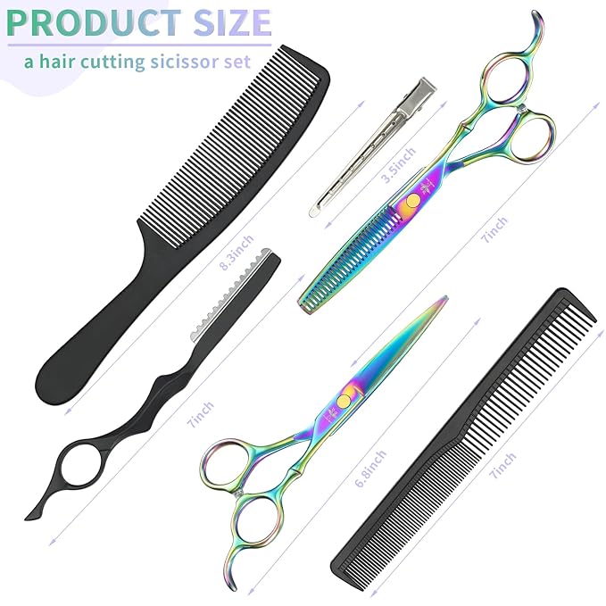 PURPLEBIRD Haircutting Scissor Kit Professional Barber Hairdressing Shears Set Thinners for Men Women Pets (10 Pcs Rainbow Stainless Steel)
