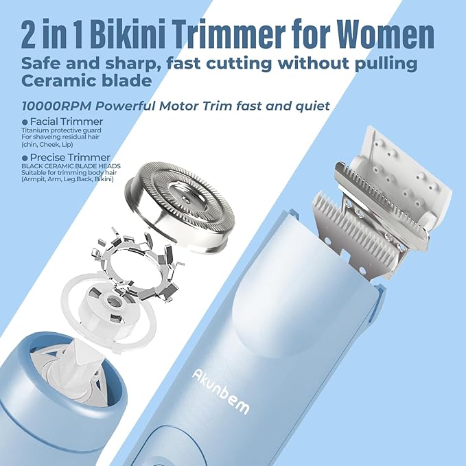 Bikini Trimmer for Women - 2 in 1 Electric Razors for Women - Dual Head Electric Shaver - IPX7 Waterproof Wet &amp Dry Use Body Hair Trimmer and Facial Hair Remover for Bikini Underarm Leg Arm