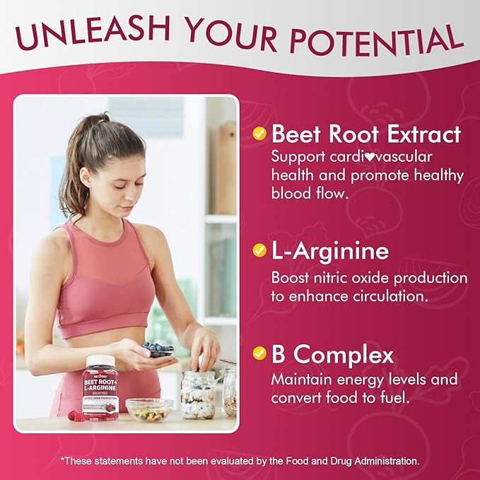 Beet Root Gummies &amp L-Arginine Nitric Oxide Supplements for Men &amp Women w/Organic Beets B1 B2 B3 B5 B6 Folate B12 for Energy Boost &amp Circulation Support Sugar Free 120 Cts