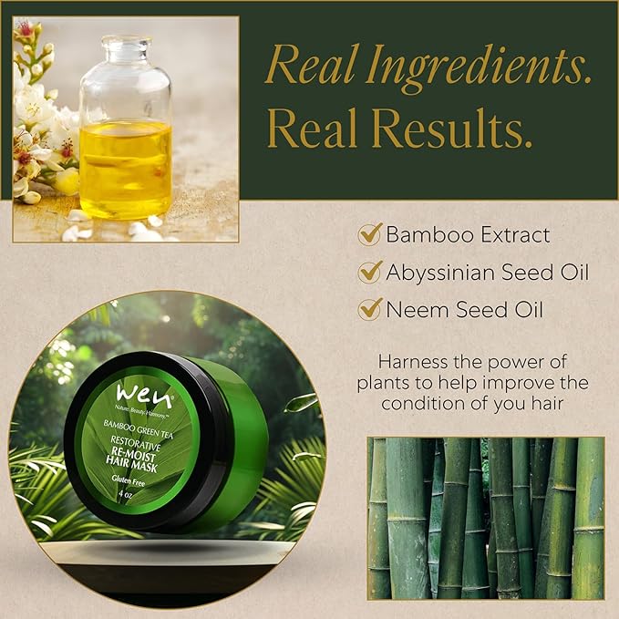 WEN by Chaz Dean Re-Moist Hair Mask - Deep Conditioning Hair Mask for Damaged Hair Moisturizing Hair Treatment Hydrating Repair Smoothing &amp Softening - Bamboo Green Tea 4 Oz (Pack of 1)
