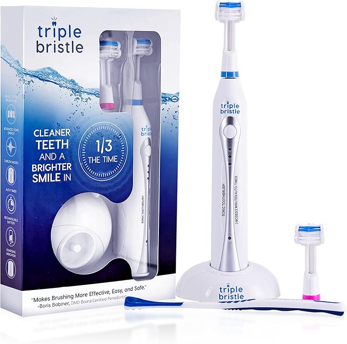 Triple Bristle Original Sonic Toothbrush | Rechargeable 31000 VPM Tooth Brush | Patented 3 Head Design | Angled Bristles Clean Each Tooth | Dentist Created &amp Approved Original
