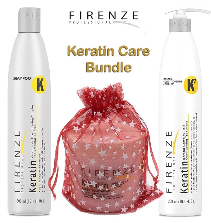 Firenze Professional Keratin Care Bundle - Keratin Shampoo Intense Conditioner and Mask Treatment Pack with Free Red Gift Bag