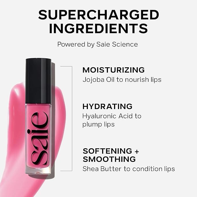 Saie Glossybounce - Hydrating Lip Gloss and Tinted Lip Oil Hybrid with Hyaluronic Acid &amp Jojoba Oil for Non-Sticky Ultra-Shiny Plump &amp Soft Lips - Everyday Makeup Essential - Dip (.17 oz)
