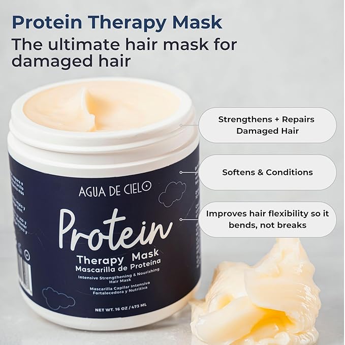 Agua de Cielo Protein Therapy Hair Mask for Damaged Hair - Strengthens Conditions &amp Improves Elasticity With Argan Oil Collagen &amp Hydrolyzed Keratin - 16 Oz