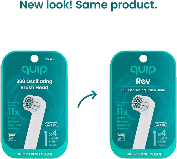 quip Rev 360 Oscillating Electric Toothbrush Heads - 4 Pack - Verified quip Brush Head Refills for Oscillating Toothbrushes - Soft Bristles Dual-Length Compact - Last 3 Months Each - White