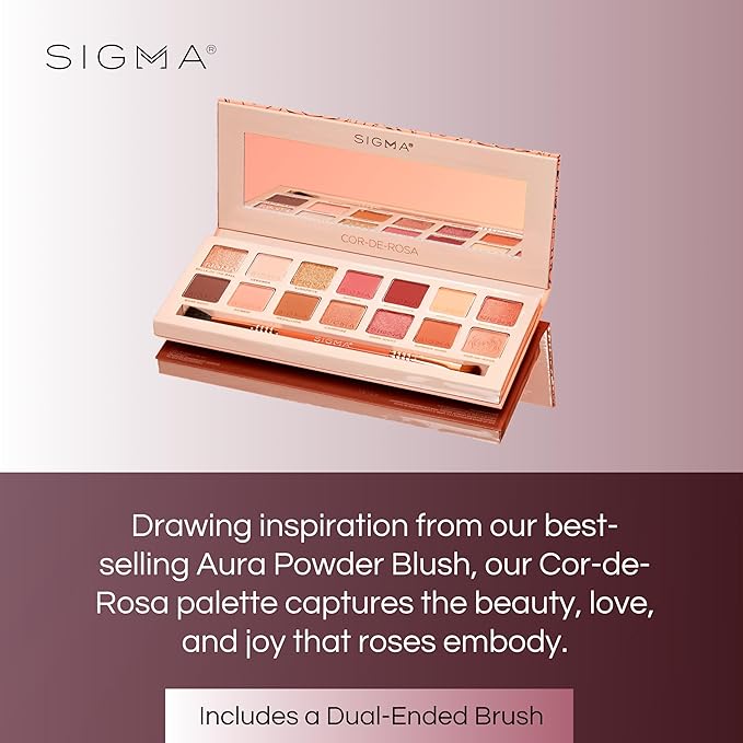 Sigma Beauty Cor-De-Rosa Eyeshadow Palette - 14 Warm Eyeshadow Shades in Matte Shimmer and Metalic Finishes - Highly Pigmented Vegan Eye Makeup Palette - Clean Beauty Products