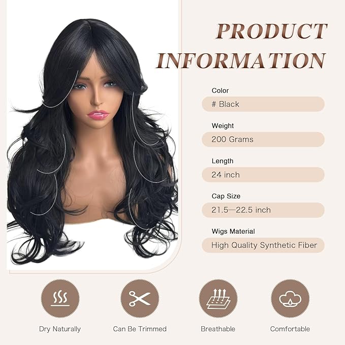Black Wavy Wigs for Women Long Layered Wig with Curtain Bangs Long Black Layered Synthetic Wavy Body Wave Haircut Middle Part Natural Looking Hair for Women Daily Party Use 1B 24Inch