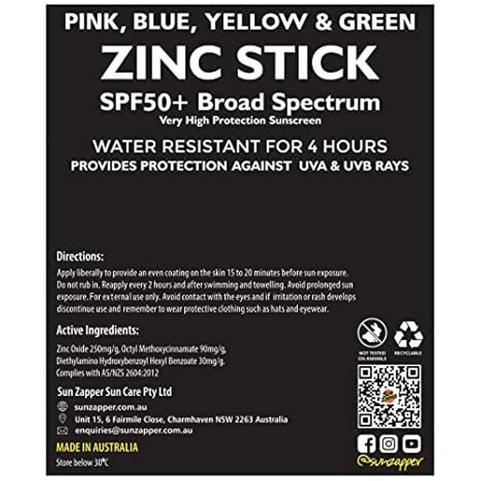 Sun Zapper Zinc Oxide Sunscreen Stick ? SPF 50+ Tinted 4-Pack (Pink Blue Green Yellow) ? Sunscreen Stick Zinc Sunscreen Water Resistant Broad Spectrum UVA/UVB Made in Australia