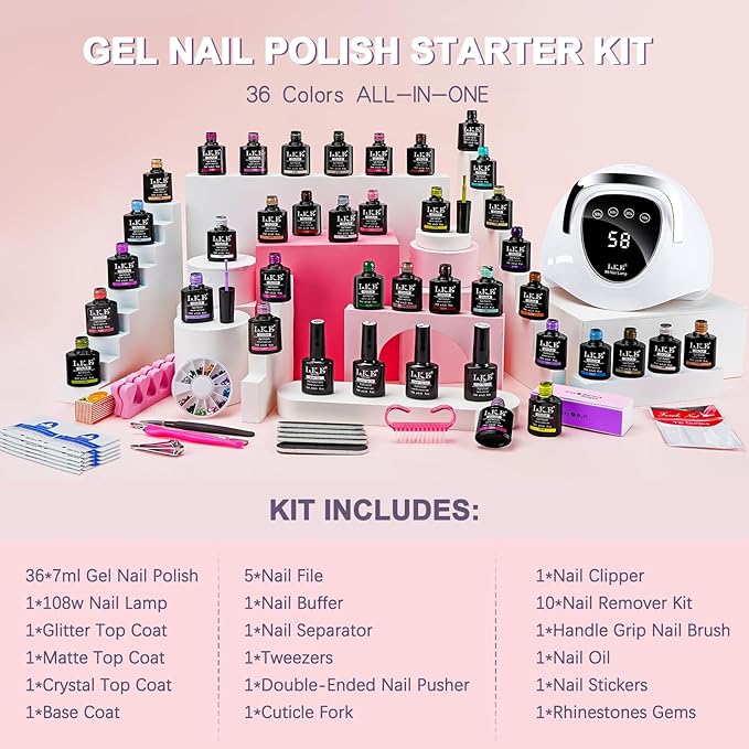 LKEE Gel Nail Polish Kit with U V Light 108W 65 Pcs Gel Nail Polish Set All Season Gels Nail Kit Essential Manicure Tools for DIY Nails Art Gifts for Women (36KIT-color 2)