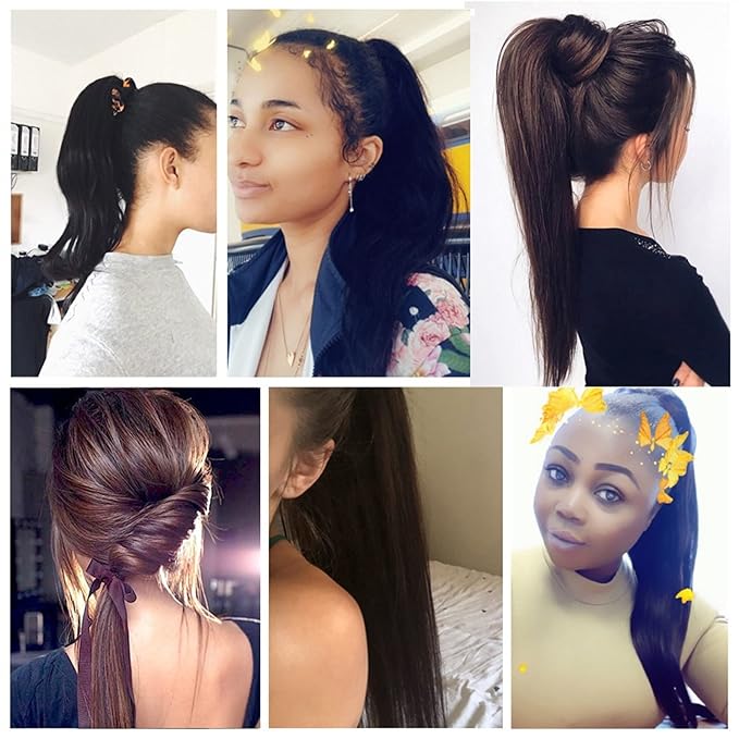 SONGCHAO Fake Hair Bun Long Straight Hair Ponytail Extensions 12-26 Inch Wrap Around Ponytail Brazilian Real Hair Ponytail Black Wig Hair Bun Hair Accessories (Color : Black Size : 26inches 100g)