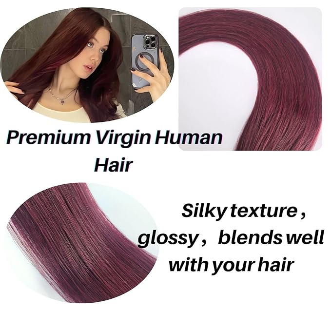 Burgundy Tape in Hair Extensions Human Hair Invisible Remy Hair 18 Inch Tape in Human Hair Extensions 50G 20Pcs for Christmas