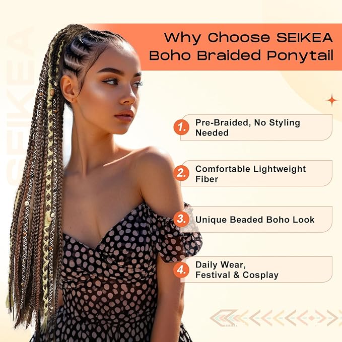SEIKEA Boho Braided Ponytail Extension with Hair Tie 24 Long Viking Dreadlock Beads Ponytail Hand-braided Braids Hair Extensions Lightweight Natural Synthetic Hairpiece for Festival Cosplay