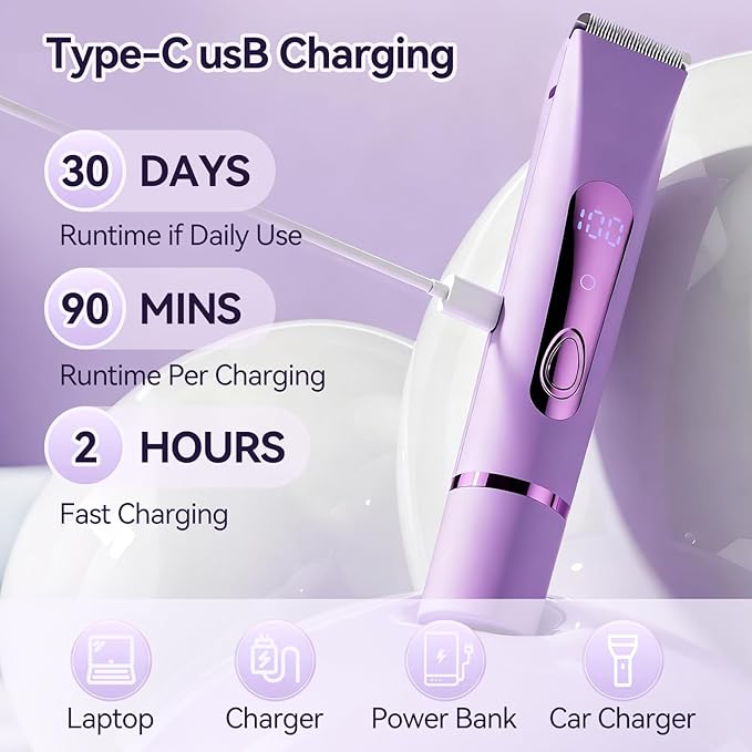 Bikini Trimmer for Women Electric?Double Head Dual Purpose Ceramic BladeIPX7 WaterproofLCD Power DisplayUSB RechargeableWet/Dry Painless Hair Removal for Face &amp Body (Violet)