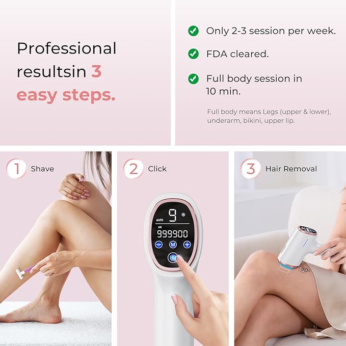 Laser Hair Removal for Women &amp Men 45°F Ice-Cooling Contact Safe &amp Virtually Painless Alternative to Salon IPL Hair Removal Device Long-Lasting Hair Removal from Home with Razor &amp Glas