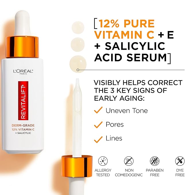 L'Oreal Paris Revitalift 12% Pure Vitamin C Serum Brightening Serum For Face with Vitamin E Salicylic Acid 1 oz + Moisturizer Sample