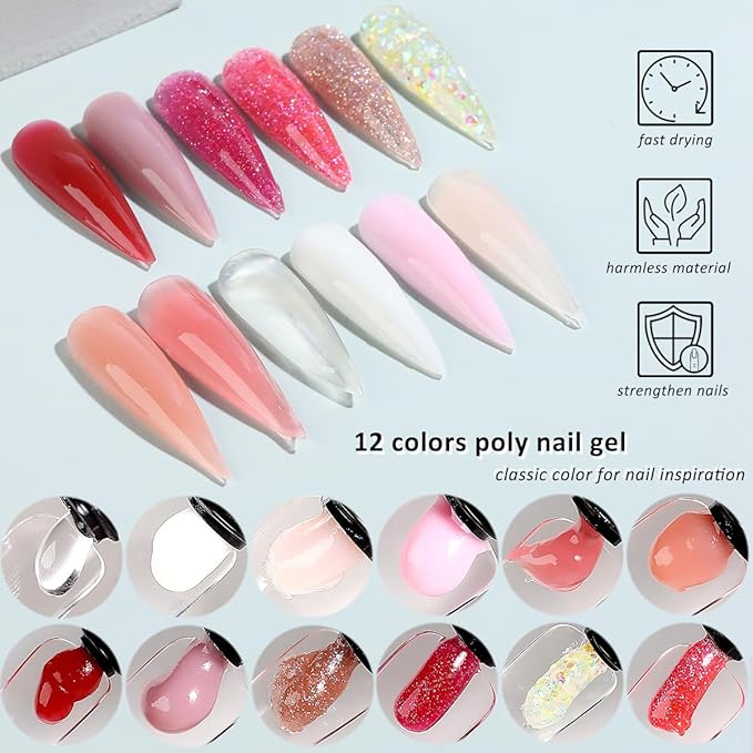 Poly Gel Nail Kit with UV Light 12 Colors Builder Gel Nail Extension Kits for Beginners with Everything Dual Nail Forms Slip Solution Chunky Glitter Poly Gels Nails Art Design Starter Set