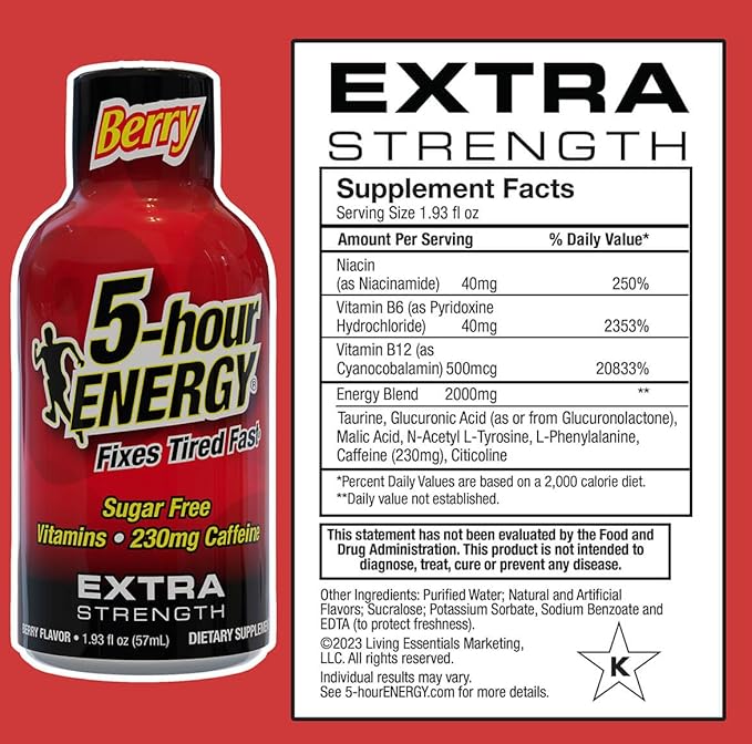 5-Hour Energy Extra Strength Shots Variety Pack 30 Count (1.93 fl oz) - Extra Strength Berry Tidal Twist Strawberry Banana Flavors