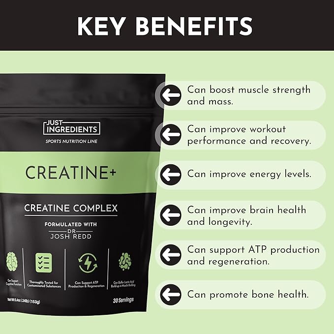 JUST INGREDIENTS Creatine Monohydrate Powder with Rejen Fulvic Mineral Complex - Supports Muscle Recovery Energy Strength Cognitive Function - 30 Servings