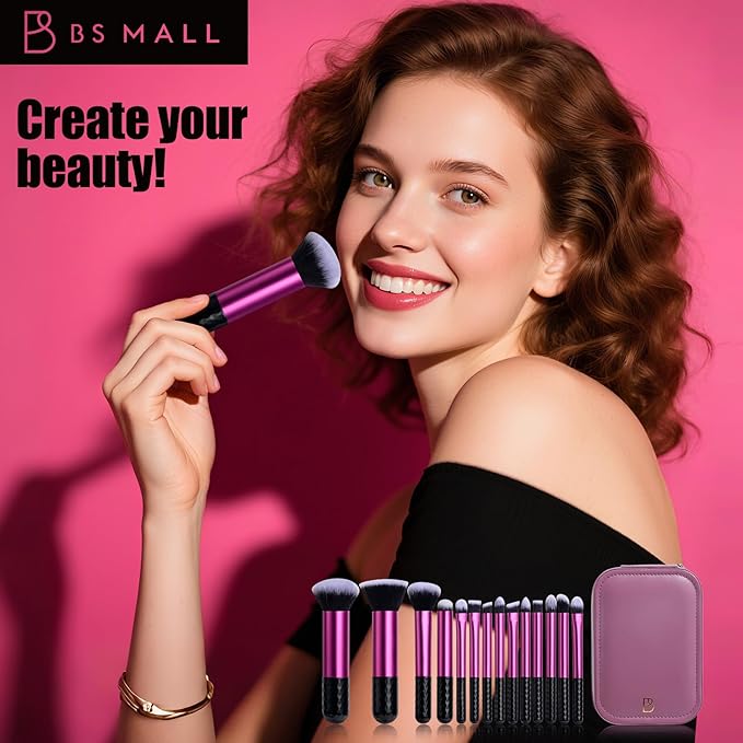 BS-MALL Makeup Brushes Set 14 Pcs with LED Light Mirror ? Premium Cosmetic Tools for Flawless Beauty Routines (Purple)