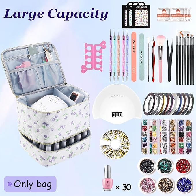 CTWWFS Nail Polish Organizer and Nail Lamp Case Nail Kit Organizer Holds 30 Bottles (15ml - 0.5 fl.oz) and a Nail Lamp Nail Polish Carrying Case with Manicure Tools Storage Sections (Purple Flower)