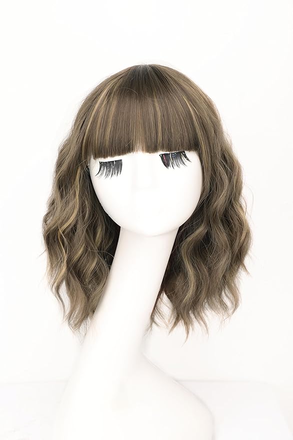 AISI HAIR Synthetic Wavy Curly Bob Wig with Bangs Brown mix Caramel Blonde Short Hair for Women Synthetic Heat Resistant Bob Wigs