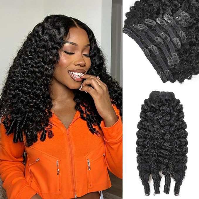 Burmese Curly Clip in Hair Extensions Real Human Hair 8Pcs Remy Human Hair Clip in Extensions for Women Natural Soft Human Hair 120g 18inch #1B Natural Black