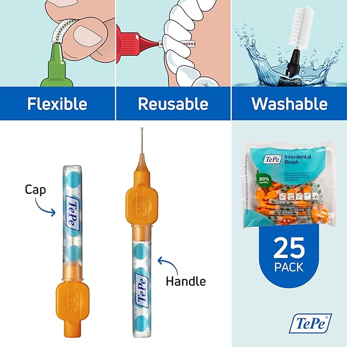 TePe Interdental Brush Original Soft Dental Brush for Teeth Cleaning Pack of 25 0.45 mm Extra-Small/Small Gaps Orange Size 1